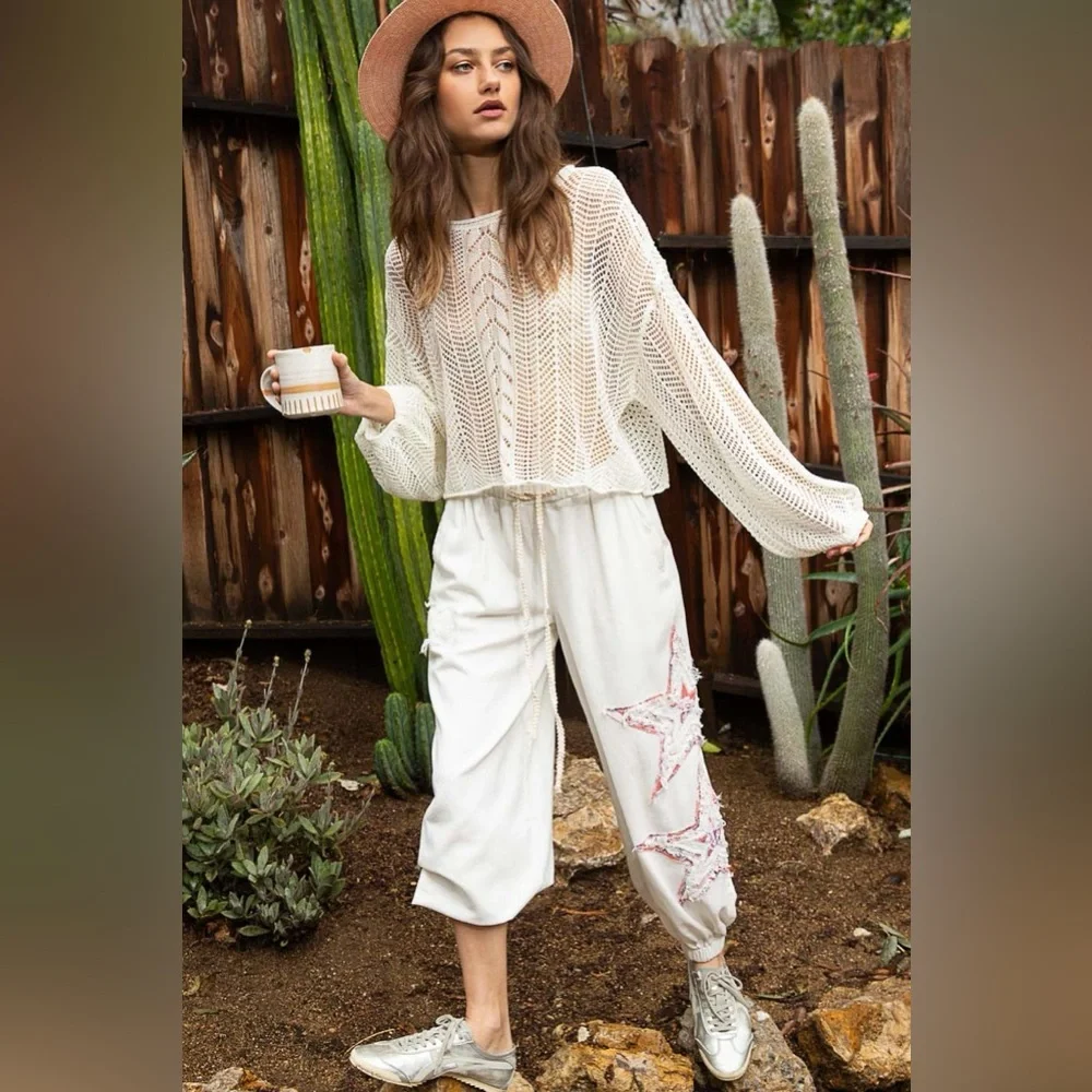 Elastic Waist Star Patch Jogger Pant in Off White Pre loved